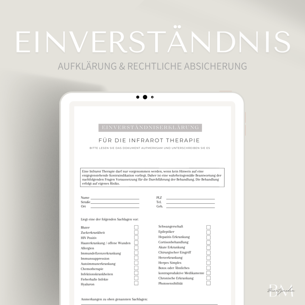 Formular für Infrarot-Behandlung – Einverständniserklärung für Kunden.