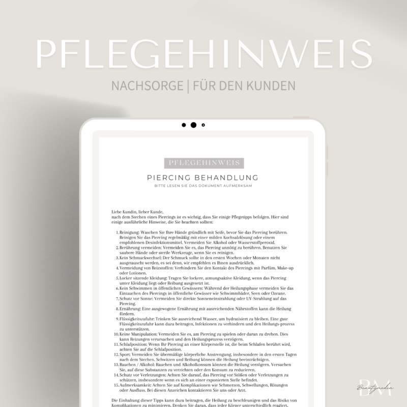 Piercing Pflegehinweise – Digitales Kundenformular