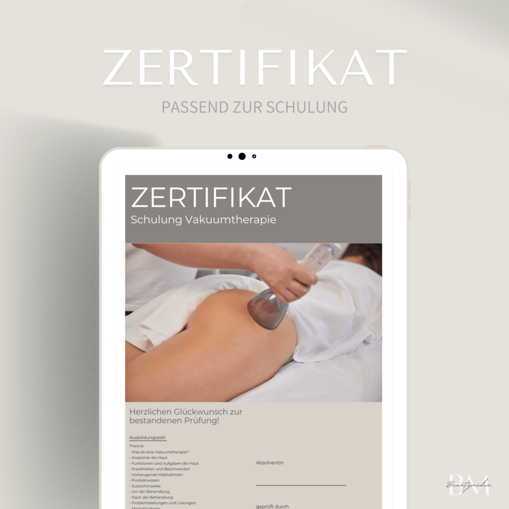 Das Zertifikat für die Vakuumtherapie Schulung bietet eine offizielle Bestätigung der neu erlernten Fertigkeiten Ihrer Teilnehmer in der Anwendung von Vakuumtherapien.