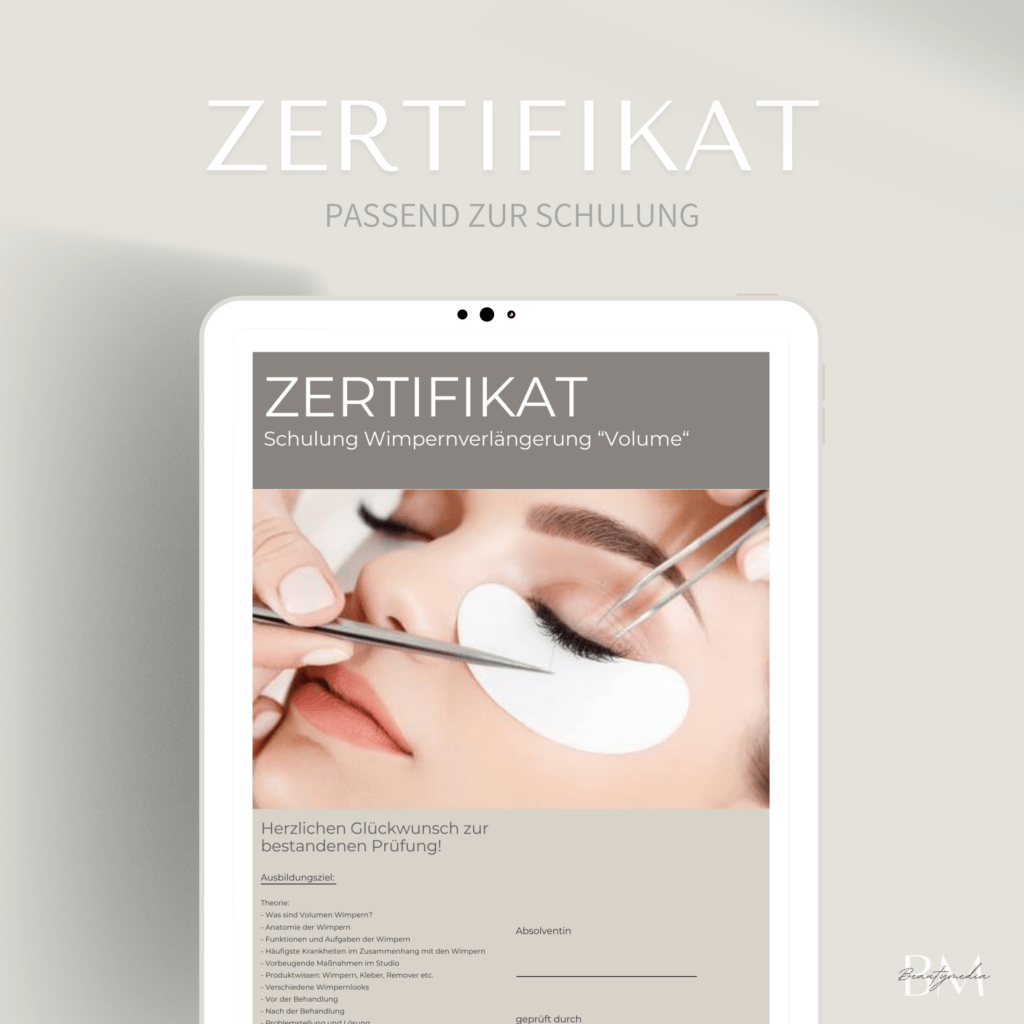 Das Zertifikat für die Wimpernverlängerung Schulung (Teil 2) - Expertenwissen ist eine wertvolle Bestätigung für die fortgeschrittenen Fähigkeiten Ihrer Teilnehmer in der Wimpernverlängerung.