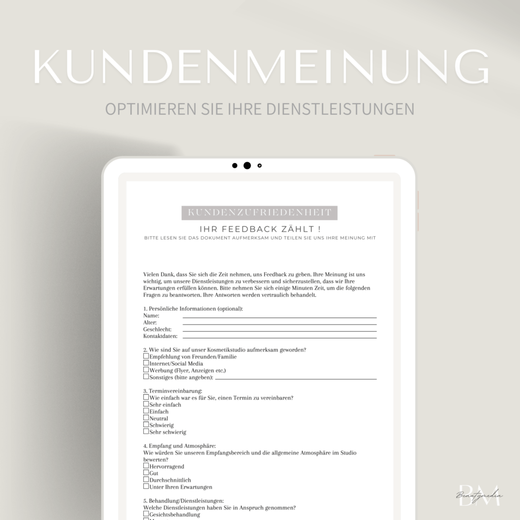 Fördern Sie positive Kundenbeziehungen mit unserem Formular zur Kundenzufriedenheit. Jetzt herunterladen und direkt in Ihrem Studio einsetzen!