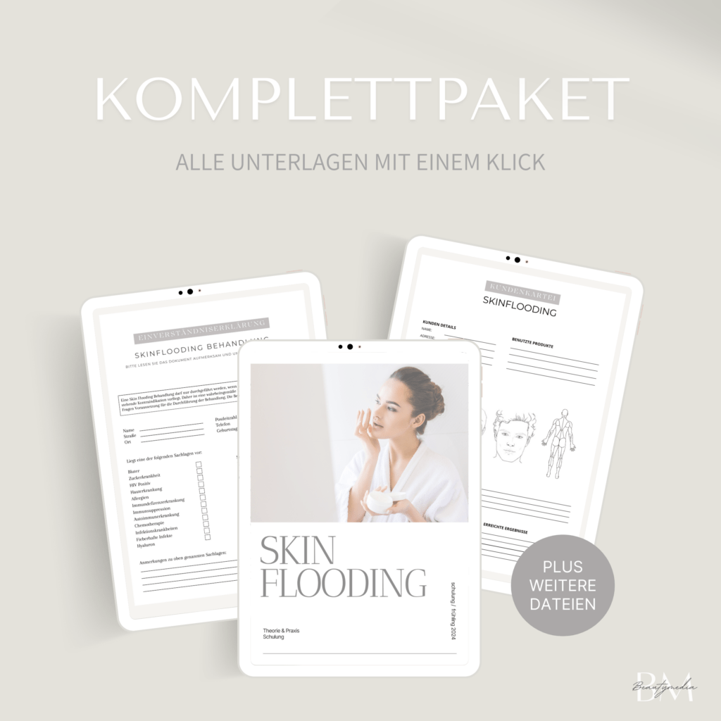 Set für Skin Flooding-Behandlung mit Schulung, Zertifikat, Einverständniserklärung und Pflegehinweisen für Ihr Studio.