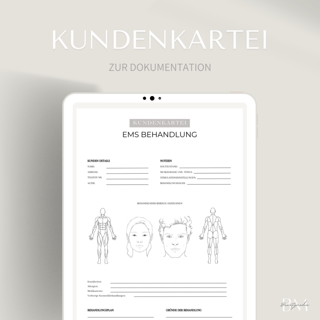 Hier sehen Sie eine Kundenkartei für die EMS Behandlung - PDF Canva Link