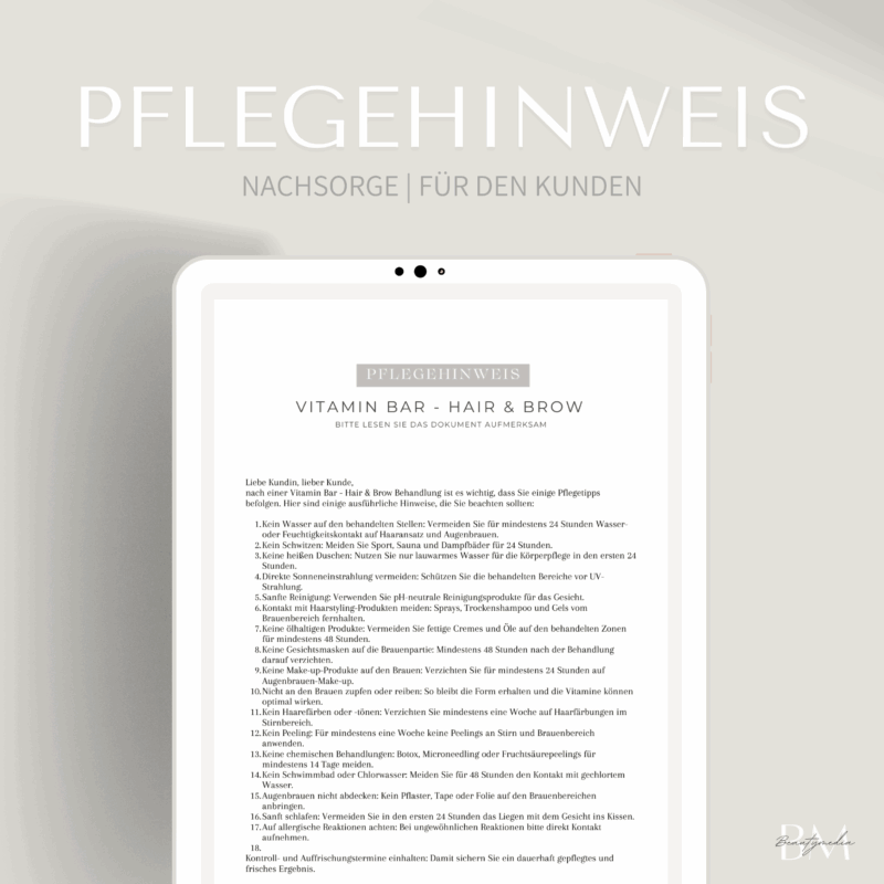 Pflegehinweis für die Vitamin Bar – Hair & Brow Behandlung