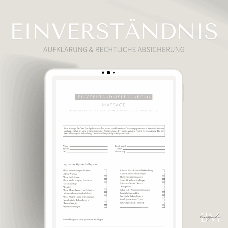 Einverständnis für die klassische Massage
