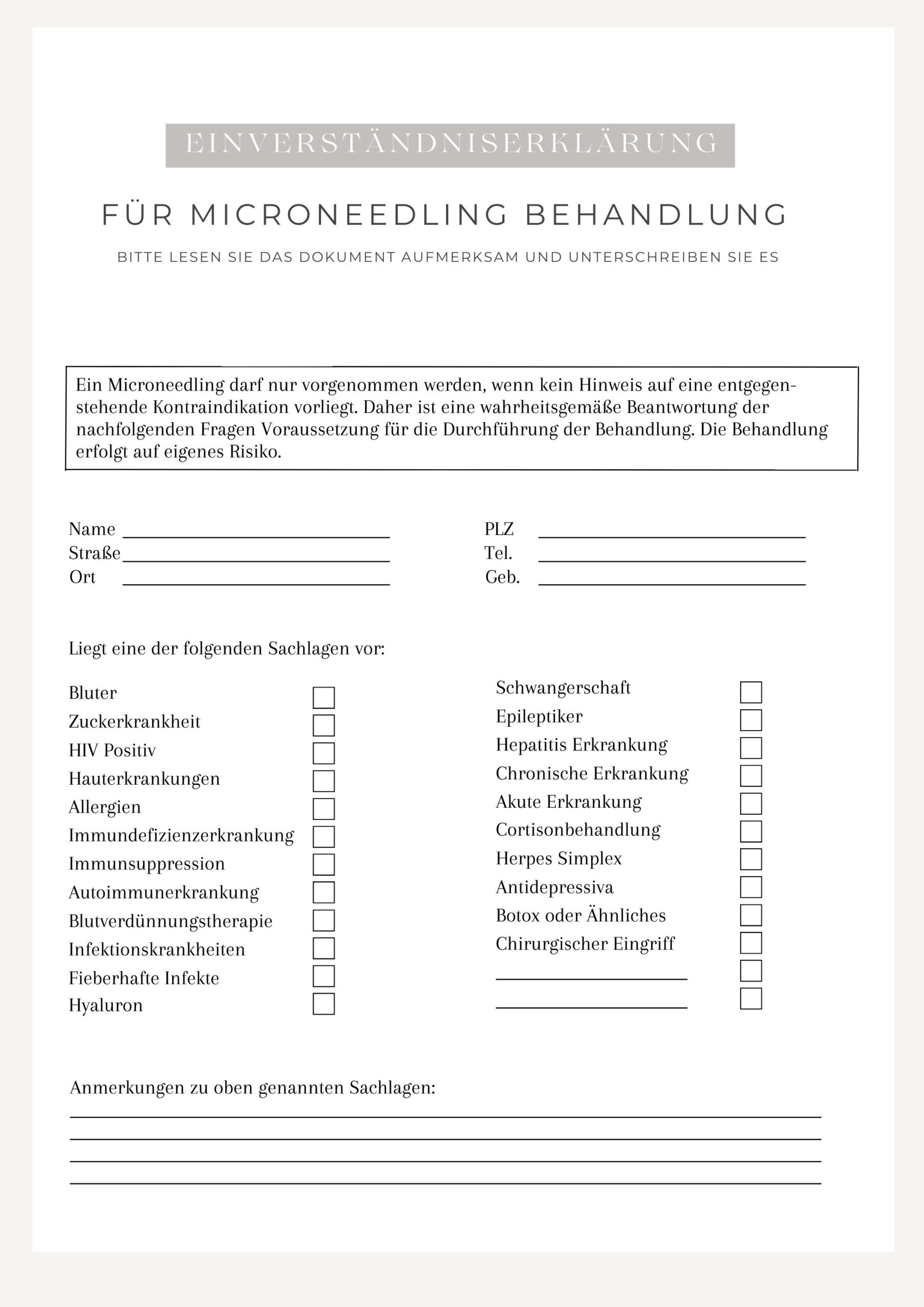 Microneedling Einverständniserklärung Kundenformular