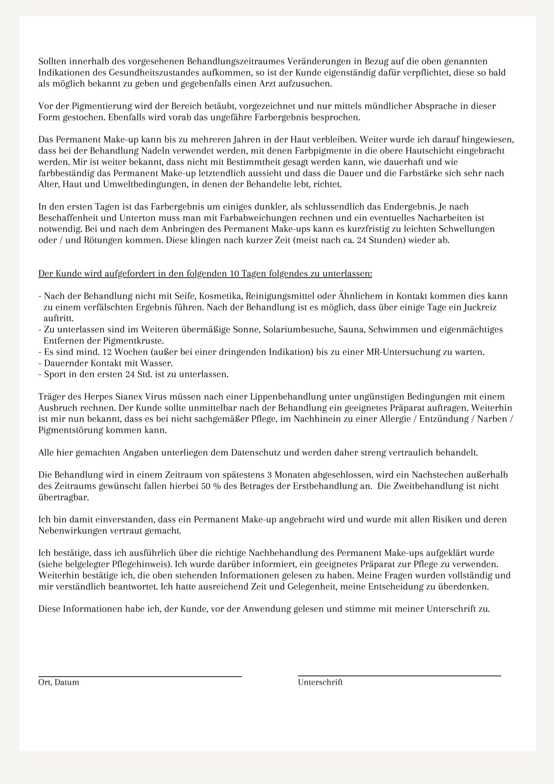 Permanent Make-up Einverständniserklärung Hinweise und Pflegeanleitung