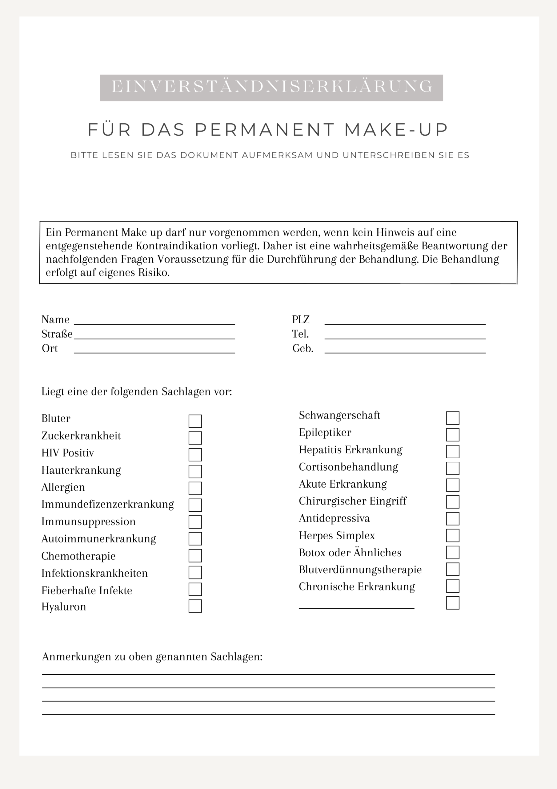 Permanent Make-up Einverständniserklärung Vorlage Kundenformular