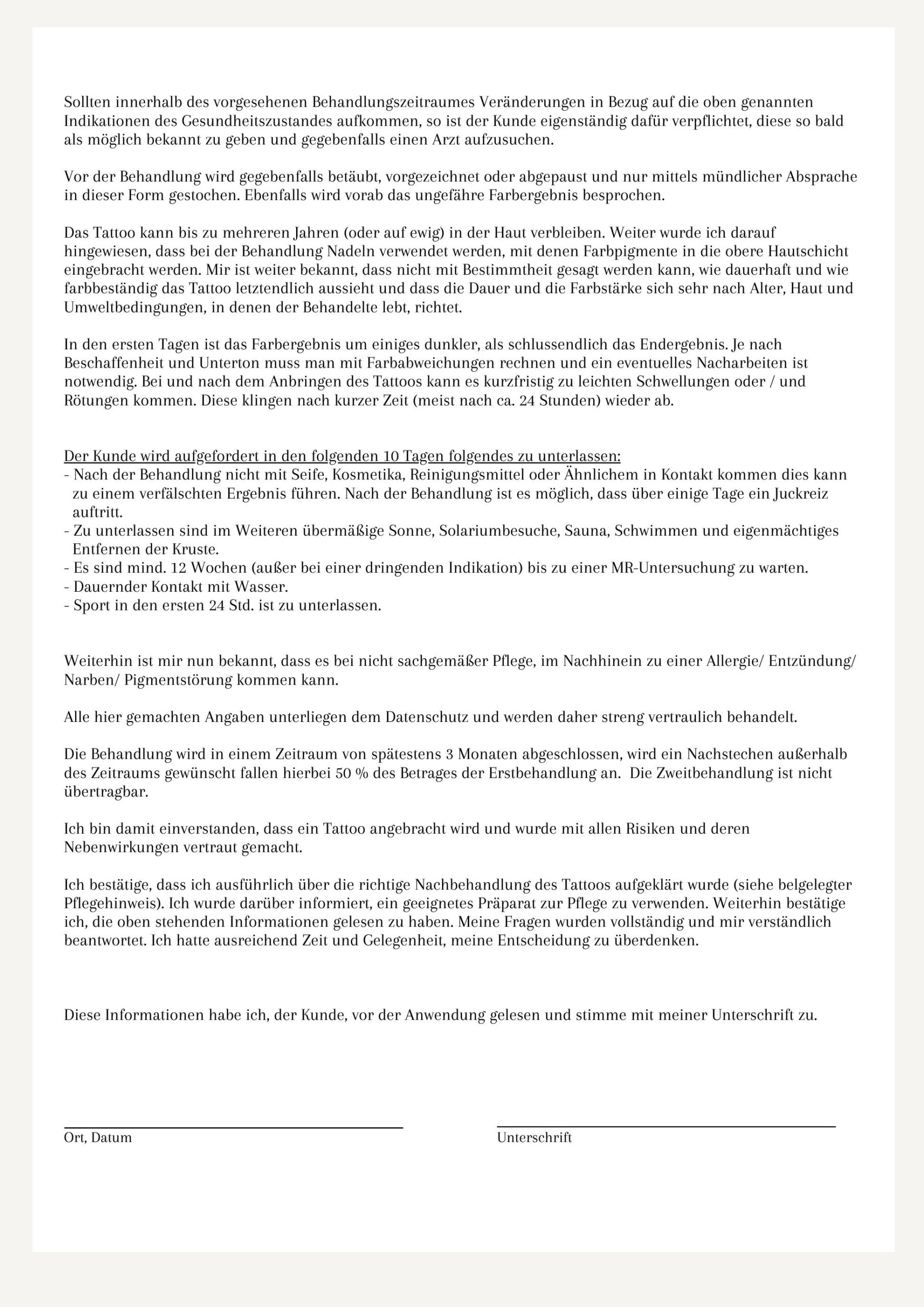 Tattoo Einverständniserklärung Vorlage Seite 2 — Gesundheitsfragebogen