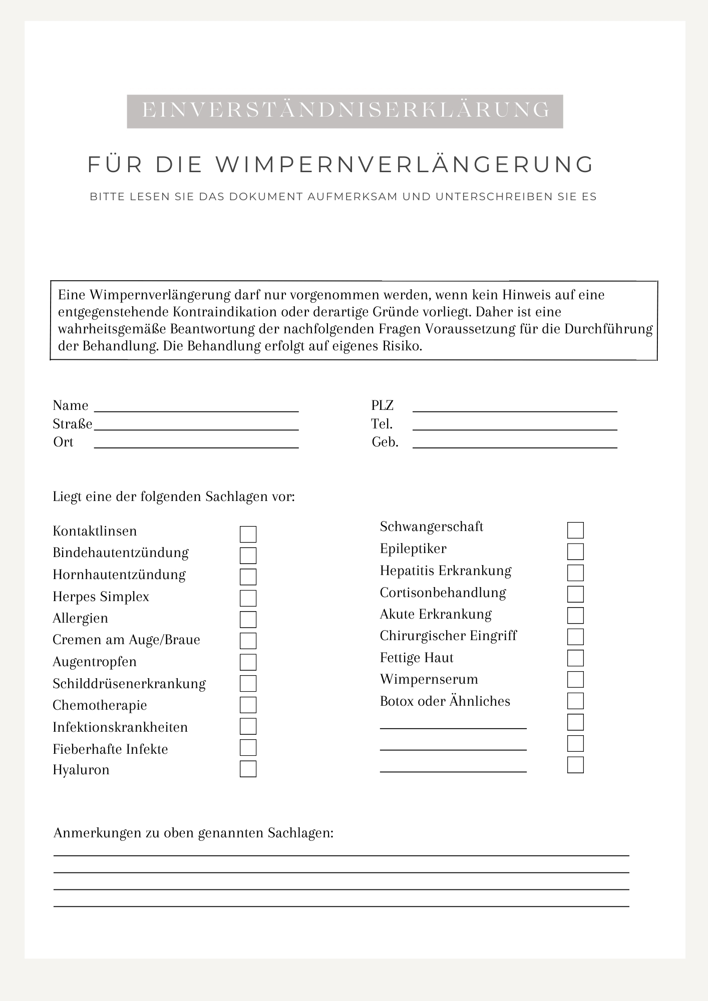 Wimpernverlängerung Einverständniserklärung Vorlage