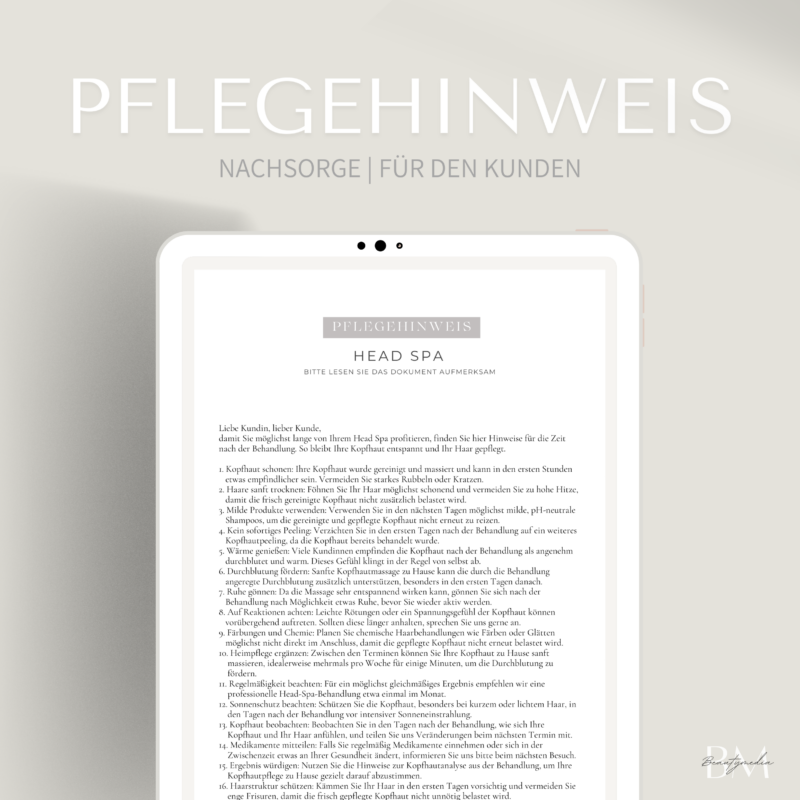 Pflegehinweis für das Head Spa