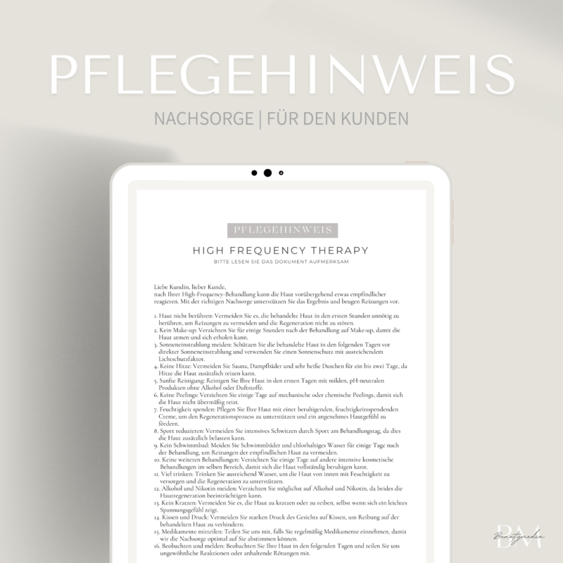 Pflegehinweis für die High Frequency Therapy