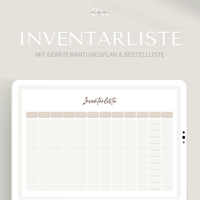 Inventarliste mit Gerätewartungsplan & Bestellliste