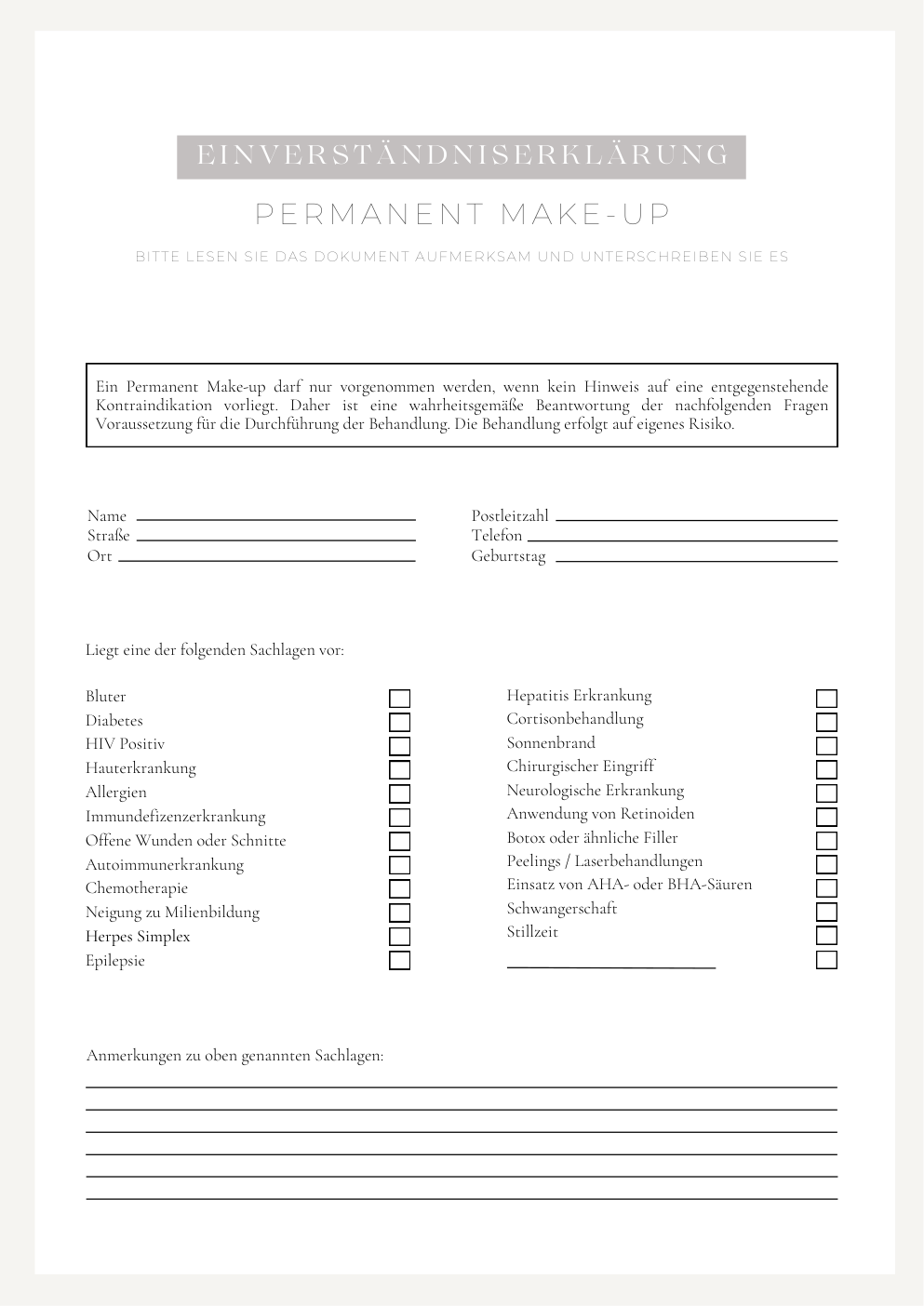 Einverständnis für das Permanent Make-up Seite 1